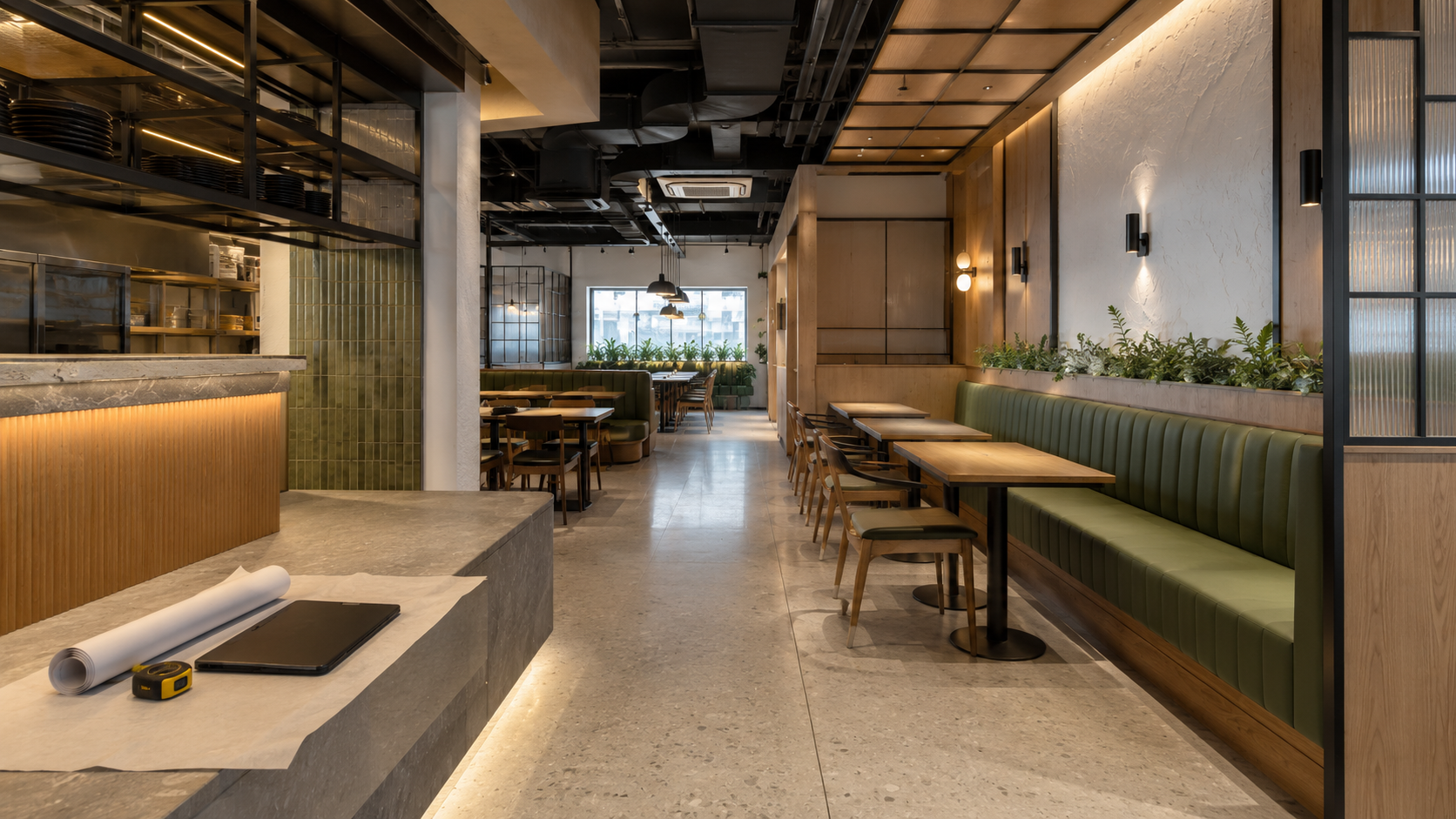 Rolled architectural drawings, laptop, and measuring tape on a restaurant counter with the finished dining area visible behind